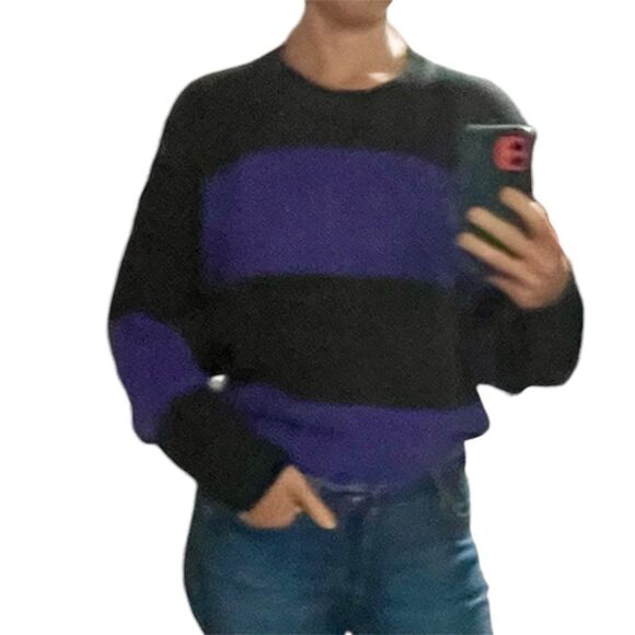 Vintage Averroe Sweater Stripe Knit Crewneck Pullover Purple Black Size Large - Picture 2 of 8